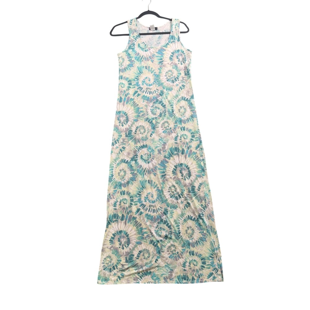 Espresso Maxi Dress Womens Medium Teal Green Tie Dye Cotton Tank Boho Resort